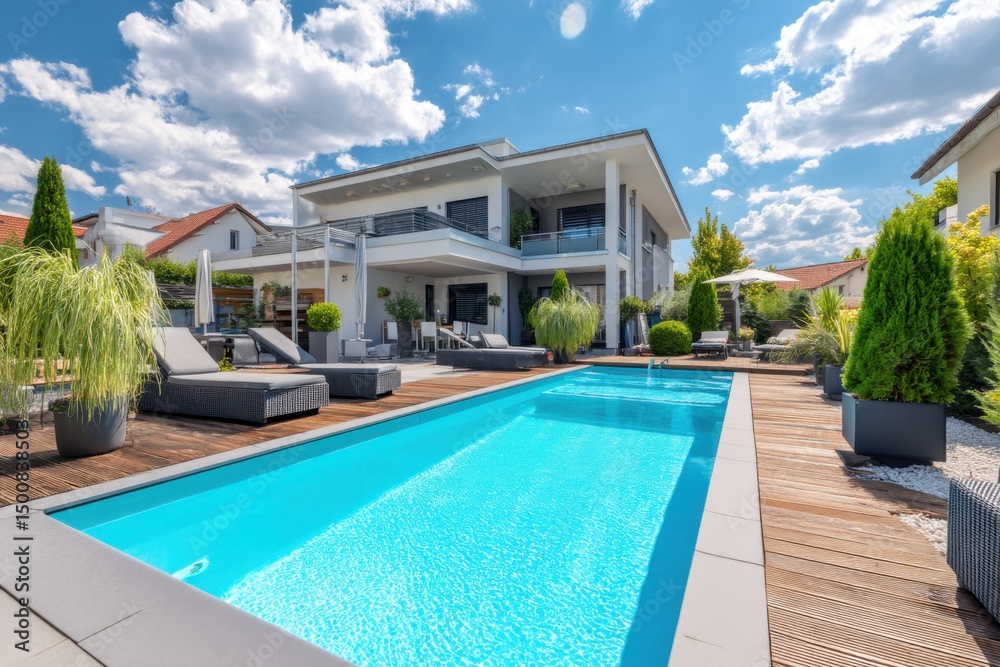Fototapeta premium Modern home featuring a pool, deck, lounge chairs and manicured garden against a blue, cloudy sky