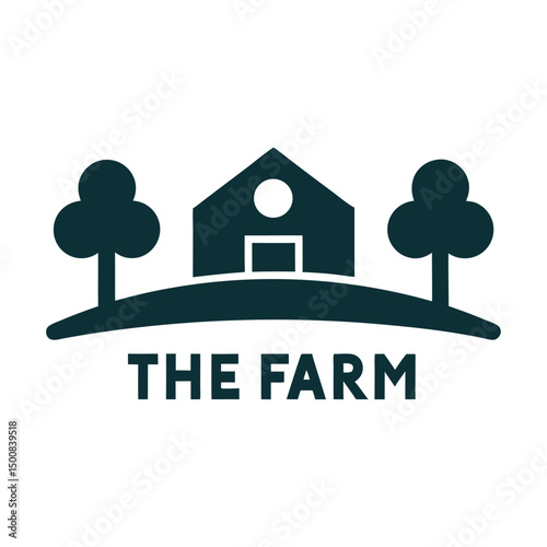 Farmhouse Logo Vector with Trees and Hill graphic designe.