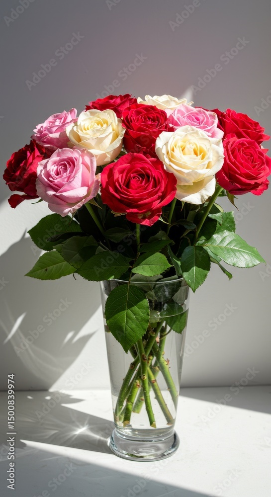 Photo Realistic Bouquet Of Roses In A Glass Vase With Green Leaves And Water Drops Photo Realistic Bouquet Of Roses In A Glass Vase With Green Leaves And Water Drops