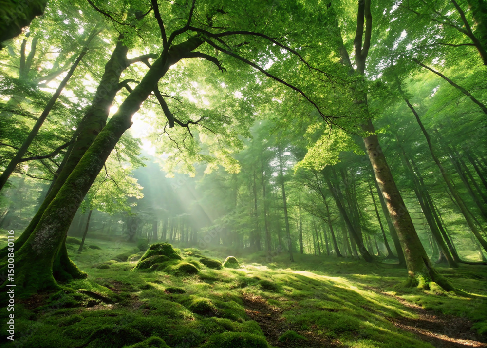 Fototapeta premium A lush green forest through the leaves with sunlight shining