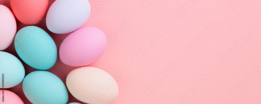Pastel Colored Eggs on Pink Background with Copy Space, Easter , Spring Pastel Colored Eggs on Pink Background with Copy Space, Easter , Spring