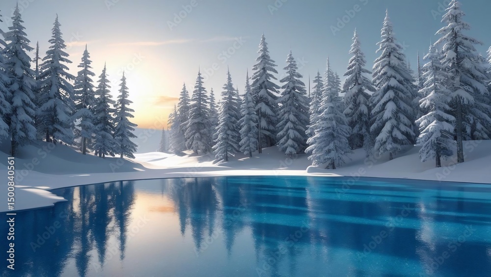 Obraz premium Tranquil Winter Landscape: Frozen Lake Reflecting Snow-Covered Trees