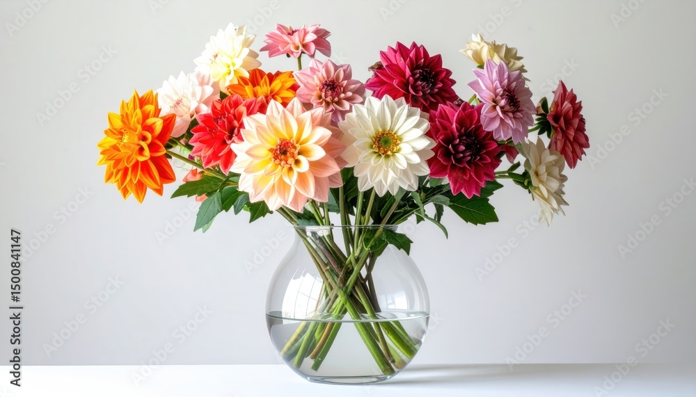 custom made wallpaper toronto digitalVase of colorful dahlias, orange to pink, with green leaves, on a white surface