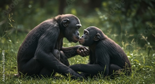 Photo of Two Chimpanzees Kissing in a Green Forest Environment