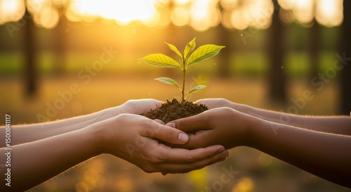 Photo Two Hands Holding Green Plant Seedling Together in Sunlight