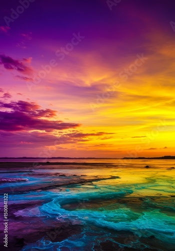 Photo Vivid Sunset Sky Reflecting Over Calm Waters and Coastline