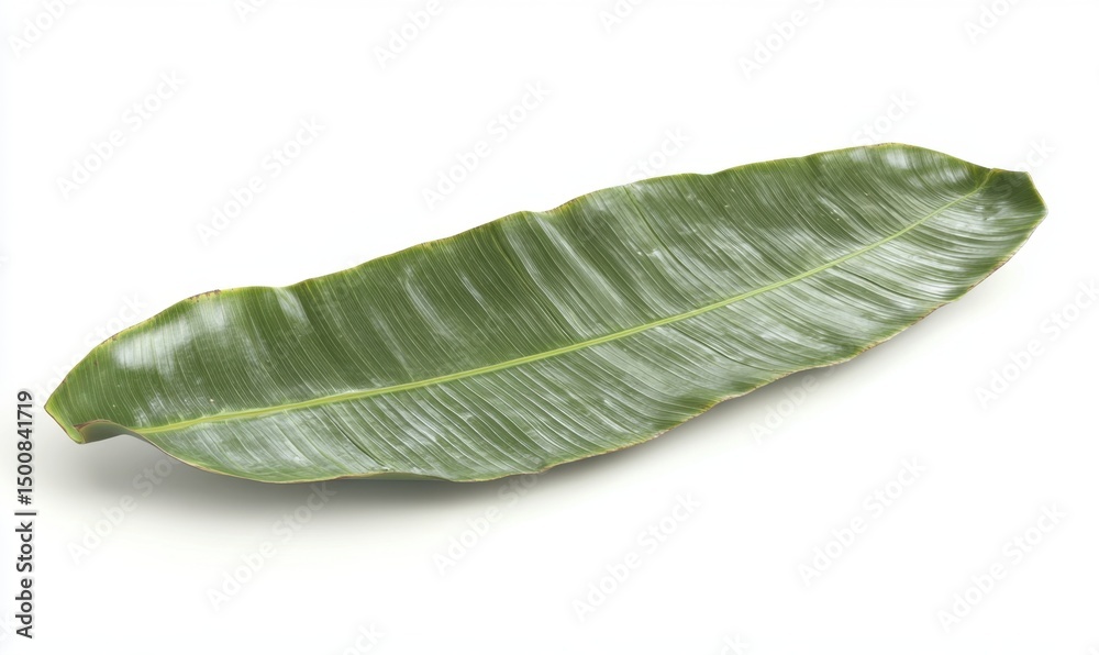 Fototapeta premium Large green leaf isolated on white background; natural decor