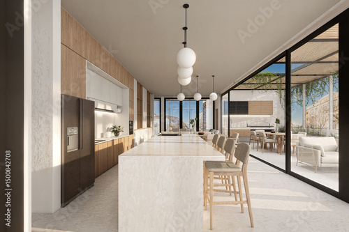 Deluxe residential render of El Garrofí in Alicante, Spain. Mediterranean minimalism, restored façade, terraces, and natural materials. Ideal for urban design and architecture.