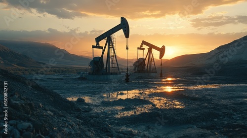 Dual oil pumps silhouetted by the early morning light on a rocky surface