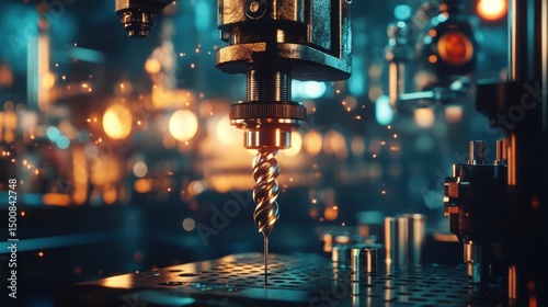 Drill press arm extended with spiral drill bit approaching fixed metal jig