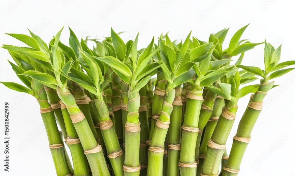 Fototapeta premium Lush green bamboo stalks, close-up studio shot, white background, home decor