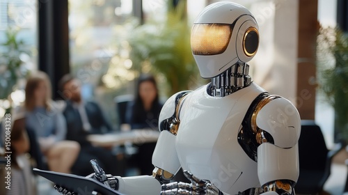 A humanoid AI executive making a business presentation