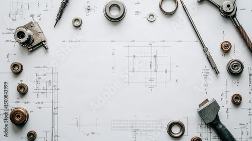 Overhead view of blueprint with CAD notes and mechanical hand tools beside