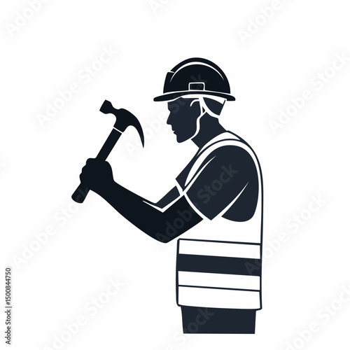 Construction Worker with Hammer Silhouette — Flat 2D Minimalist Vector