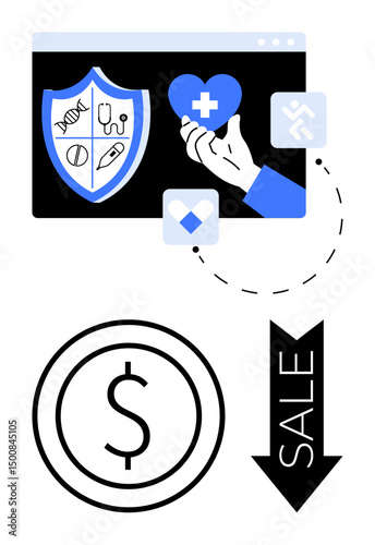 Healthcare interface with shield, stethoscope, and heart, linked to dollar symbol and sale arrow. Ideal for healthcare, affordability, technology, finance, insurance medicine simple landing page