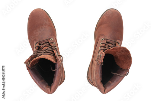 A pair of brown leather boots seen from above on white background.