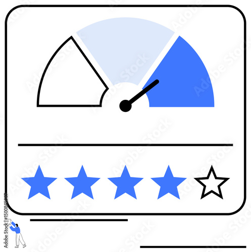 Meter shows high satisfaction level, paired with four stars highlighted and one blank. Tiny figure below adds minimalistic touch. Ideal for quality assurance, reviews, satisfaction, surveys