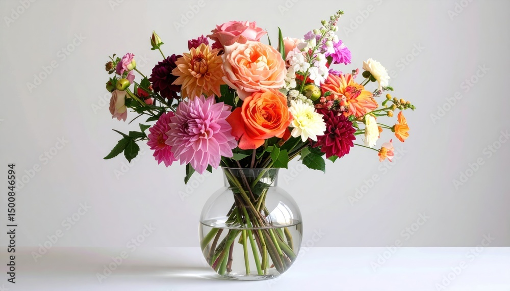 Fototapeta premium Vivid bouquet in clear vase. Colorful blooms on white background