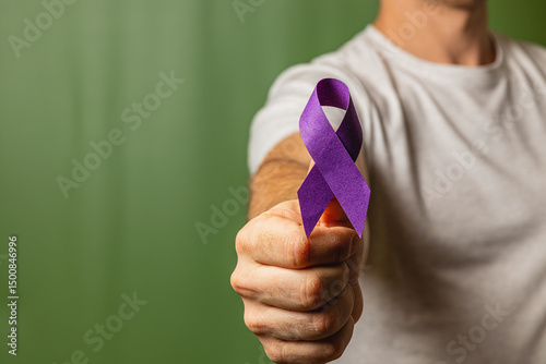 Individual holds a purple ribbon to raise awareness for important causes