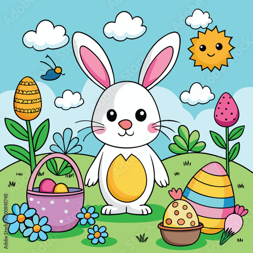 Adorable cartoon easter bunny with colorful decorated eggs and a basket in a cheerful scene