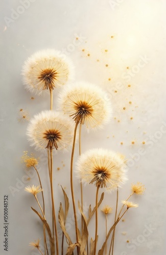 Luxury oil painting of gold dandelions on white background. Elegant floral art design. AI-generated artwork. Perfect for home decor wall art print, greeting cards, modern design.