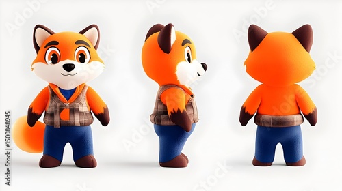 Three-quarter views of a charming, cartoonish orange fox wearing a plaid vest and blue pants against a white backdrop