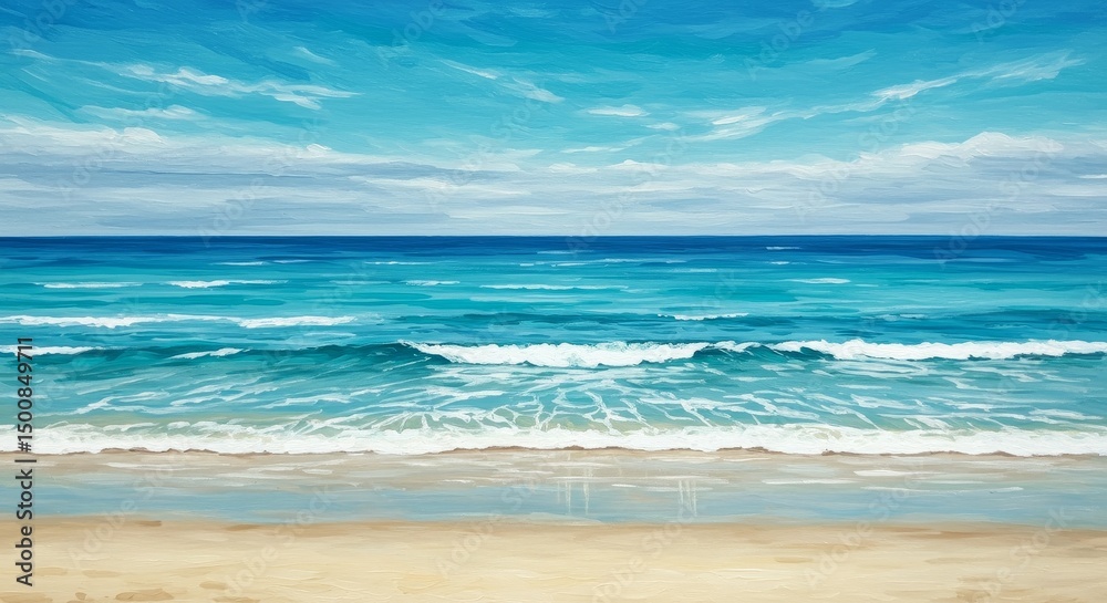 Fototapeta premium Watercolor Beach Scene With Blue Ocean Waves and Sandy Shoreline