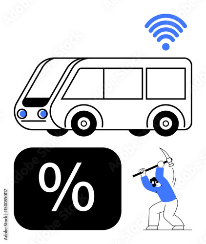 Futuristic bus with wireless signal, percentage discount element, and a man breaking rock with a pickaxe. Ideal for public transport, connectivity, discount, labor, effort, digital economy savings