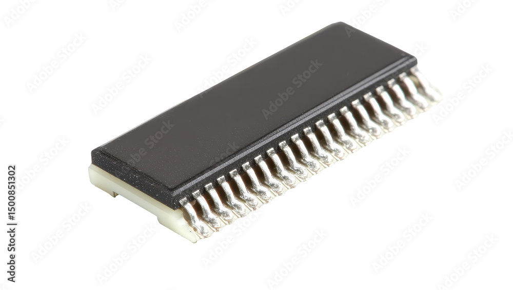 Dark rectangular chip with many pins Dark rectangular chip with many pins