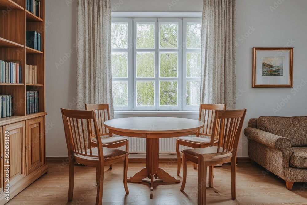 Fototapeta premium Cozy, sunlit room with a round wooden table and chairs. A bookshelf and a couch are also visible