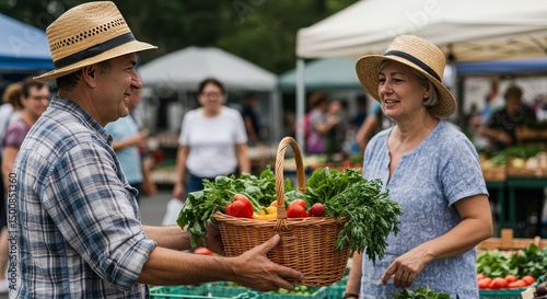Photo Two People at a Farmers Market Exchange Vegetables and Smiles