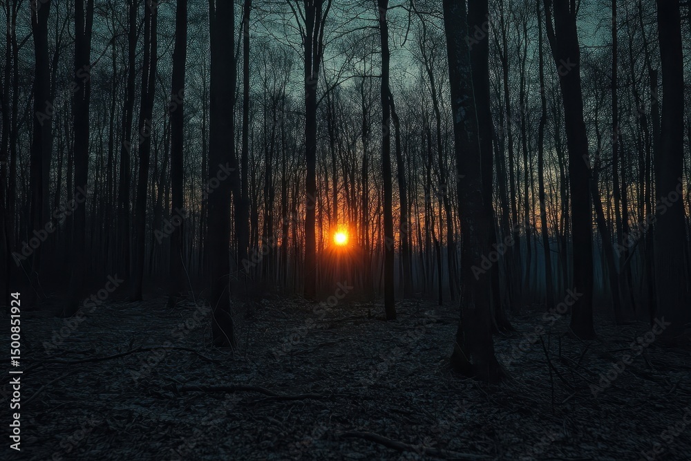 Naklejka premium Night Sunset Dream. A Mesmerizing Night sky Landscape with Sun Setting Behind Trees