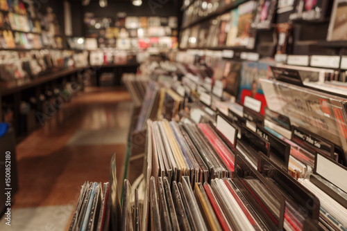 A close-up view of neatly organized vinyl records in a vintage-style music store. The records are categorized with labeled dividers, creating an inviting and nostalgic atmosphere. 