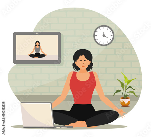 Home Yoga concept. Woman Practicing Yoga at Home With Online Virtual Class on Laptop.