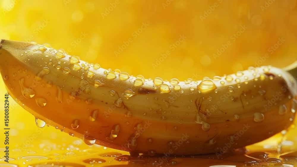 Banana with drops on a yellow background.
