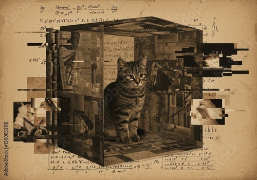 Cat inside a box with glitch effects and mathematical background, concept of Schrodinger's cat  