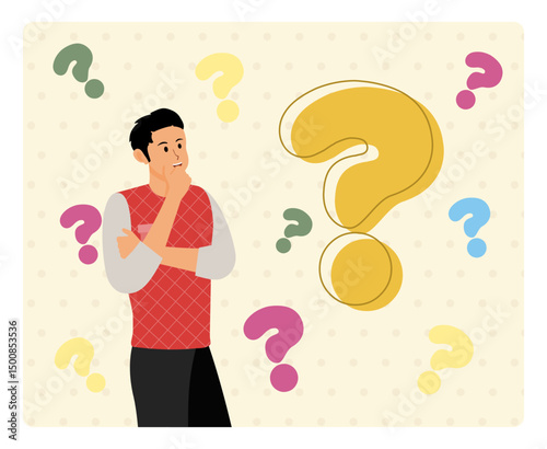 Thinking Concept. Thoughtful Man Surrounded by Colorful Question Marks Symbolizing Curiosity.