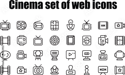 Cinema set of web icons in line style. Movie and Film linear icon collection. Containing video, movie theater, 3d, vr, popcorn, ticket, director, soundtrack and more.