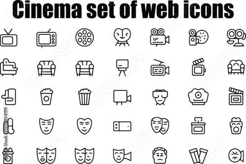 Cinema set of web icons in line style. Movie and Film linear icon collection. Containing video, movie theater, 3d, vr, popcorn, ticket, director, soundtrack and more.