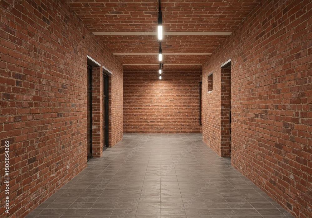 Obraz premium Realistic 3D Render of a Red Brick Corridor Interior with Dim Lighting