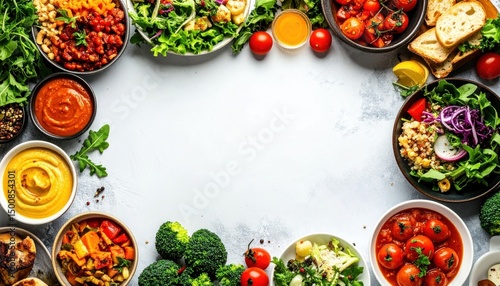 Colorful, appetizing food bowls border a bright, empty space