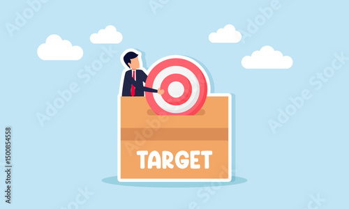 Businessman placing target board into box labeled target illustration of completing business goals