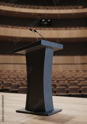 Realistic Auditorium Interior With Podium Stage and Microphone