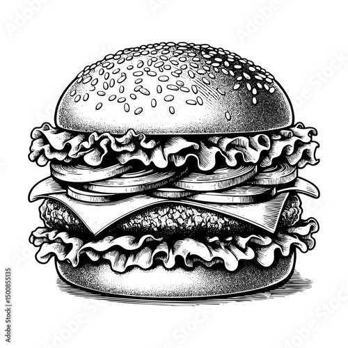 Hamburger sketch engraving black and white outline. Scratch board imitation.  illustrated in vintage line art style on a white background.