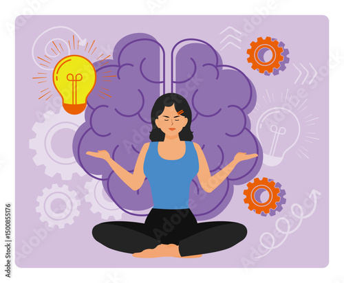 Positive mind concept. Happy girl doing yoga exercises in front of huge brain.