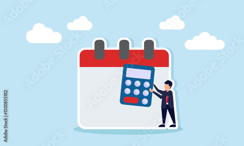 Businessman holding calculator next to calendar illustration of calculation and designing business schedule