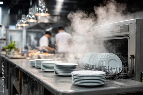 Steaming plates emerge in a commercial kitchen, workers blur in the background, showcasing intense food prep