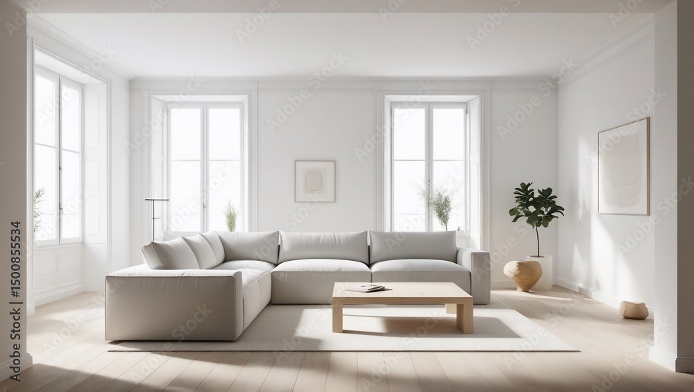Fototapeta premium Serene Minimalist Living Room: A Study in Neutral Tones and Natural Light