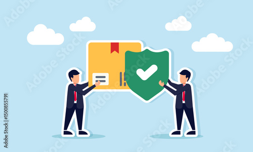 Businessman carrying package box and another holding shield with check mark illustration of trusted and verified shipping business