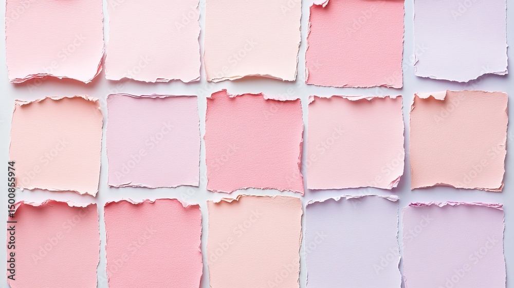 Fototapeta premium Pink Paper Swatches Torn Edges Arranged in Grid Pattern, Minimalist , Pastel